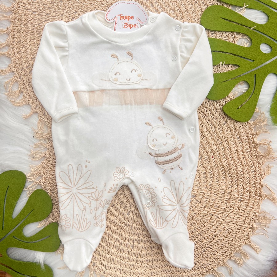 Macacão Malha Trape Zape - Abelha Fofa com Tule - Off White e Rose